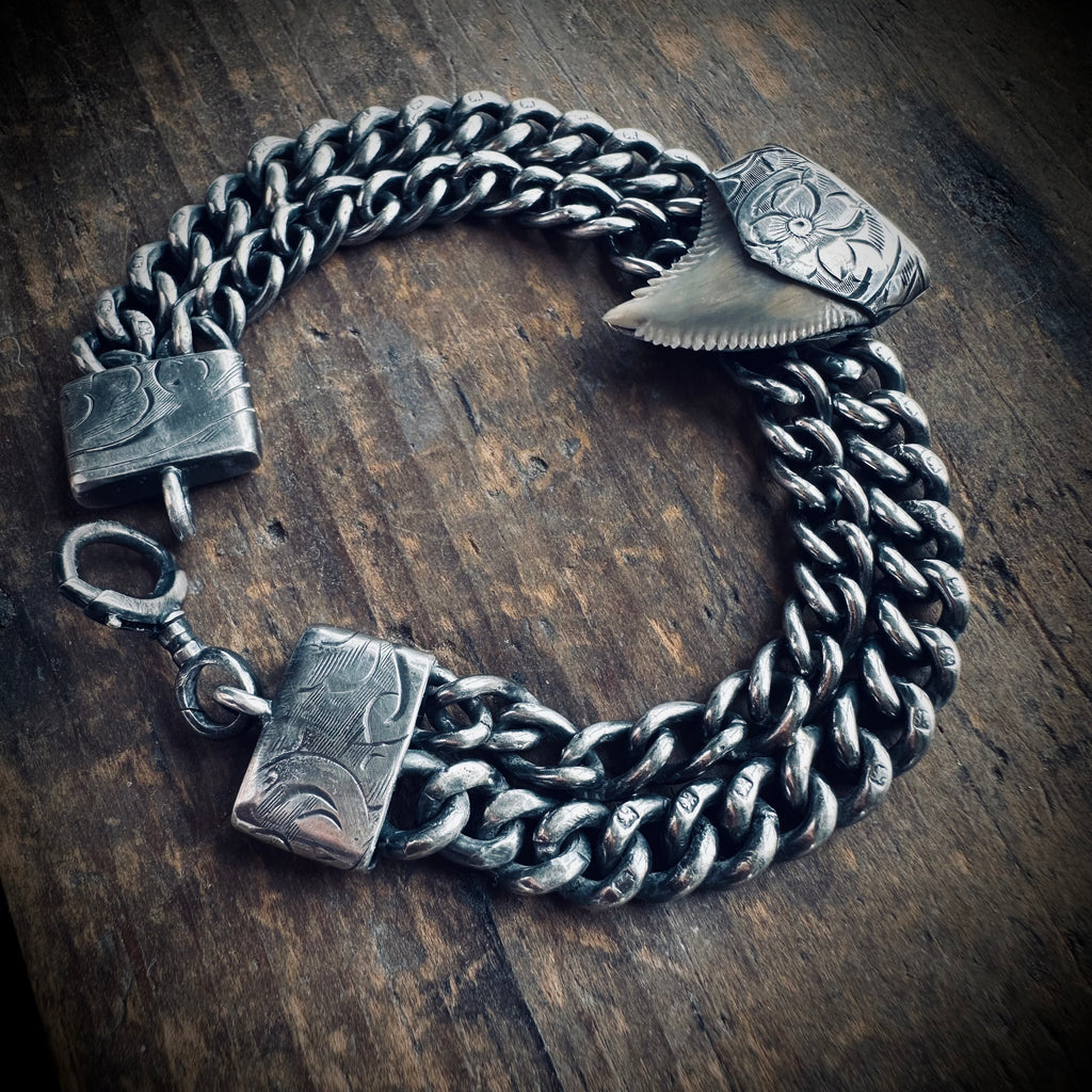 7.5” reworked double chain fossilised tooth bracelet in hallmarked engraved sterling silver with antique clip