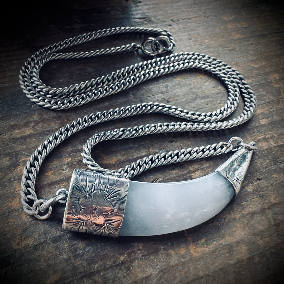 2” grey agate “tusk” on 20” antique guard chain in sterling silver
