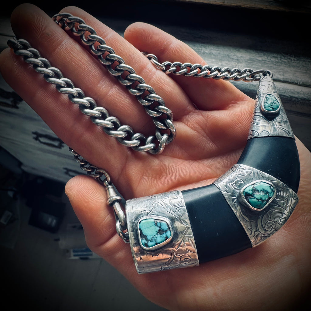 Sterling silver hallmarked black horn style necklace with reclaimed nugget turquoise and antique heavy albert chain - 17 1/2” total length