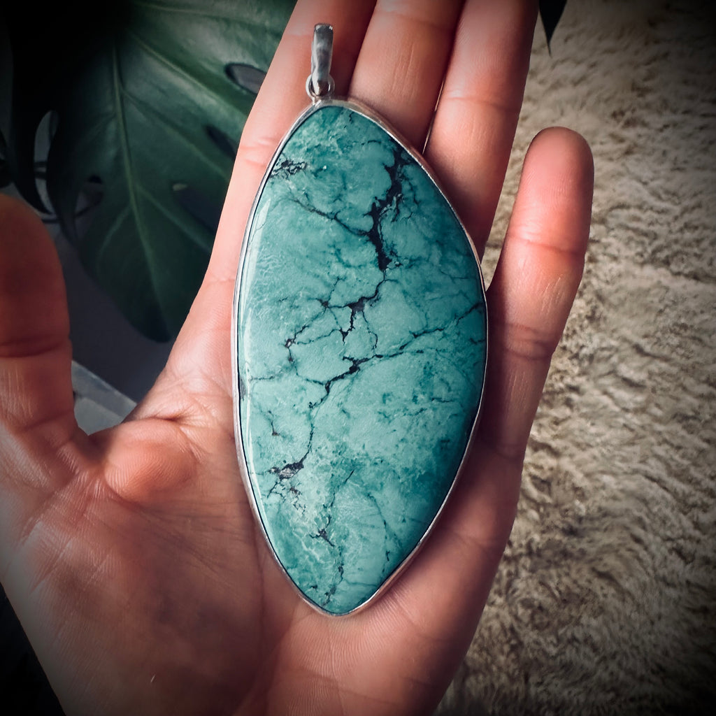 XL vintage freeform turquoise slab pendant in open backed sterling silver setting