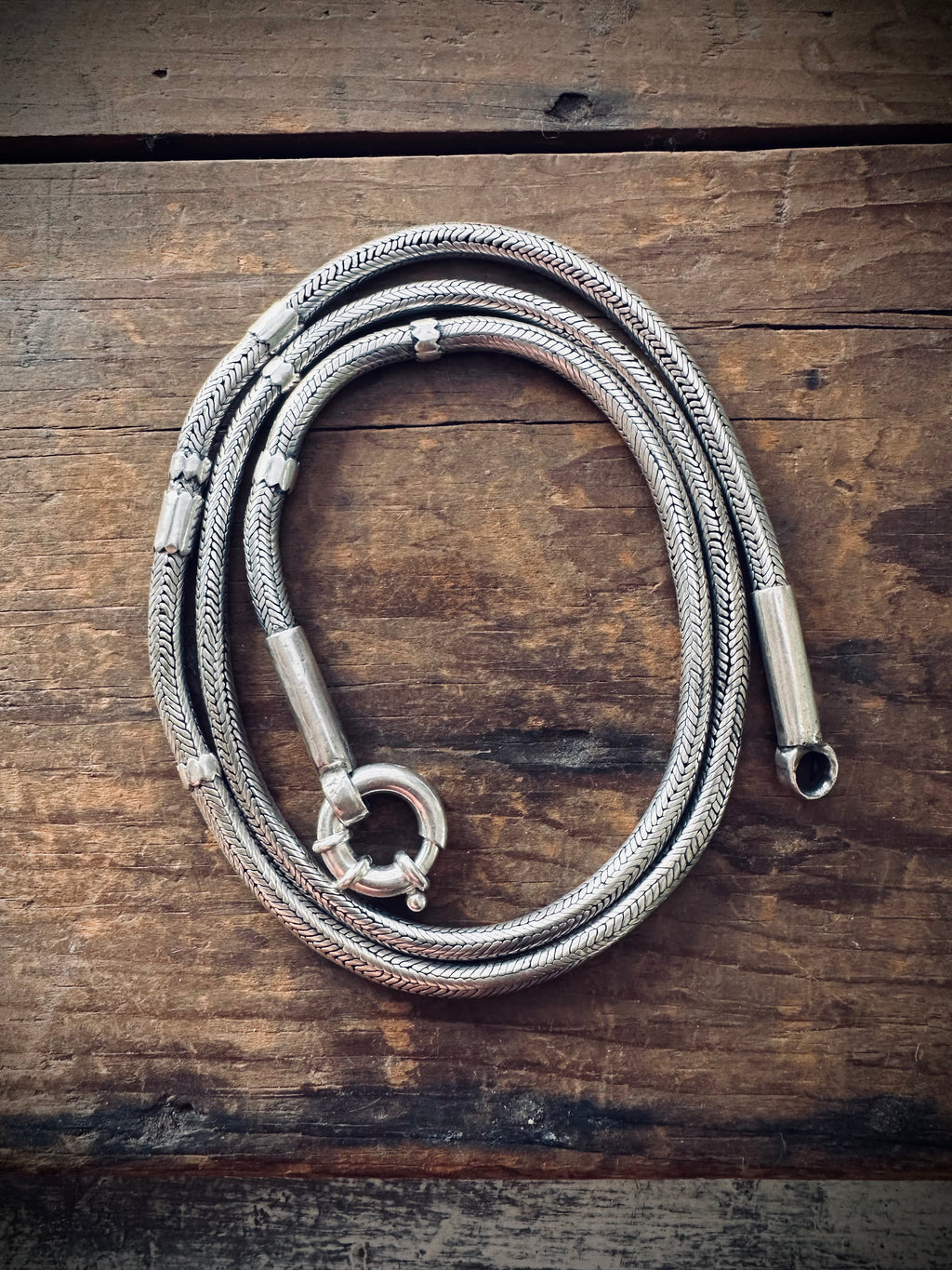 28” 93g visibly mended vintage Indian snake chain in sterling silver