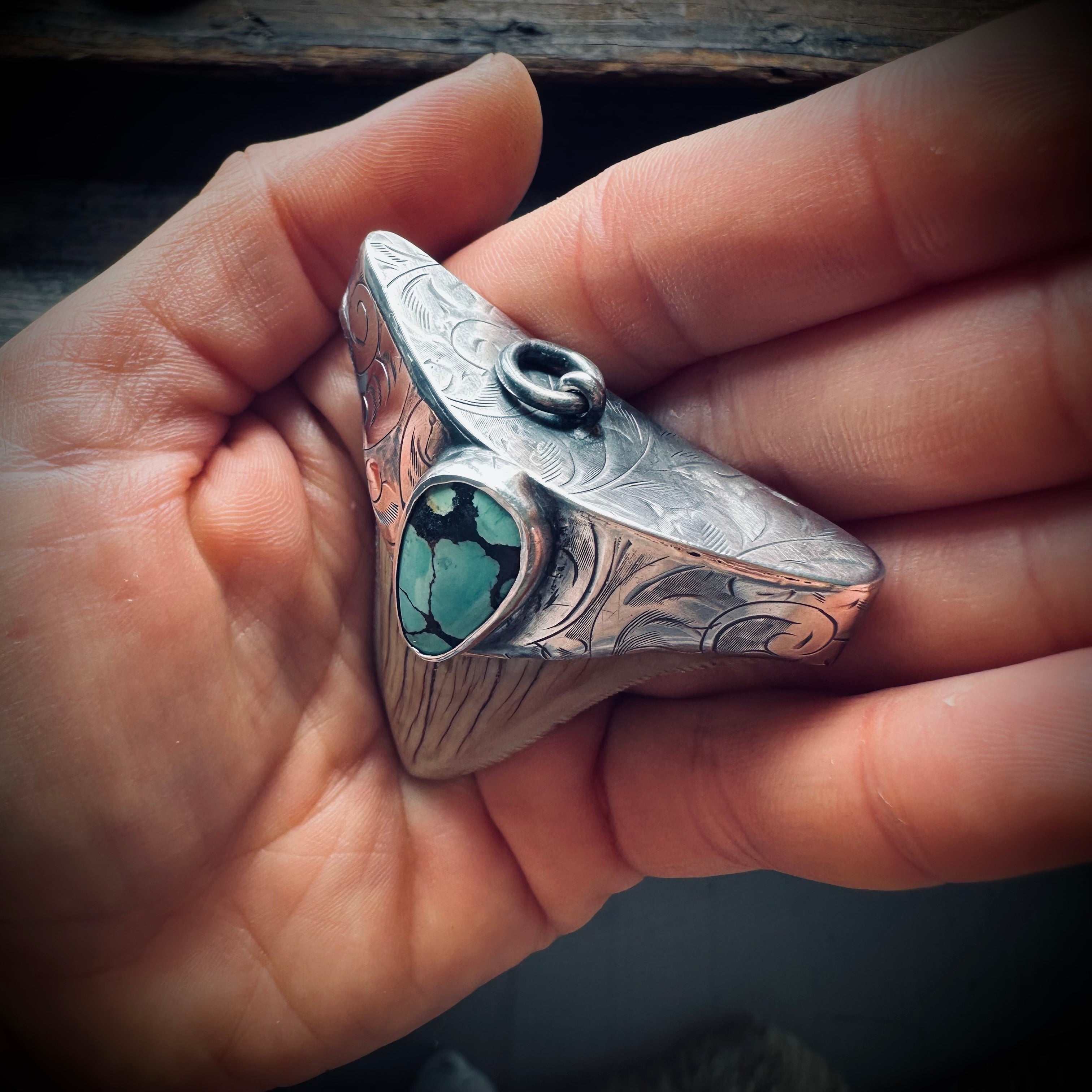 Sterling silver hallmarked fossil shark tooth pendant with turquoise