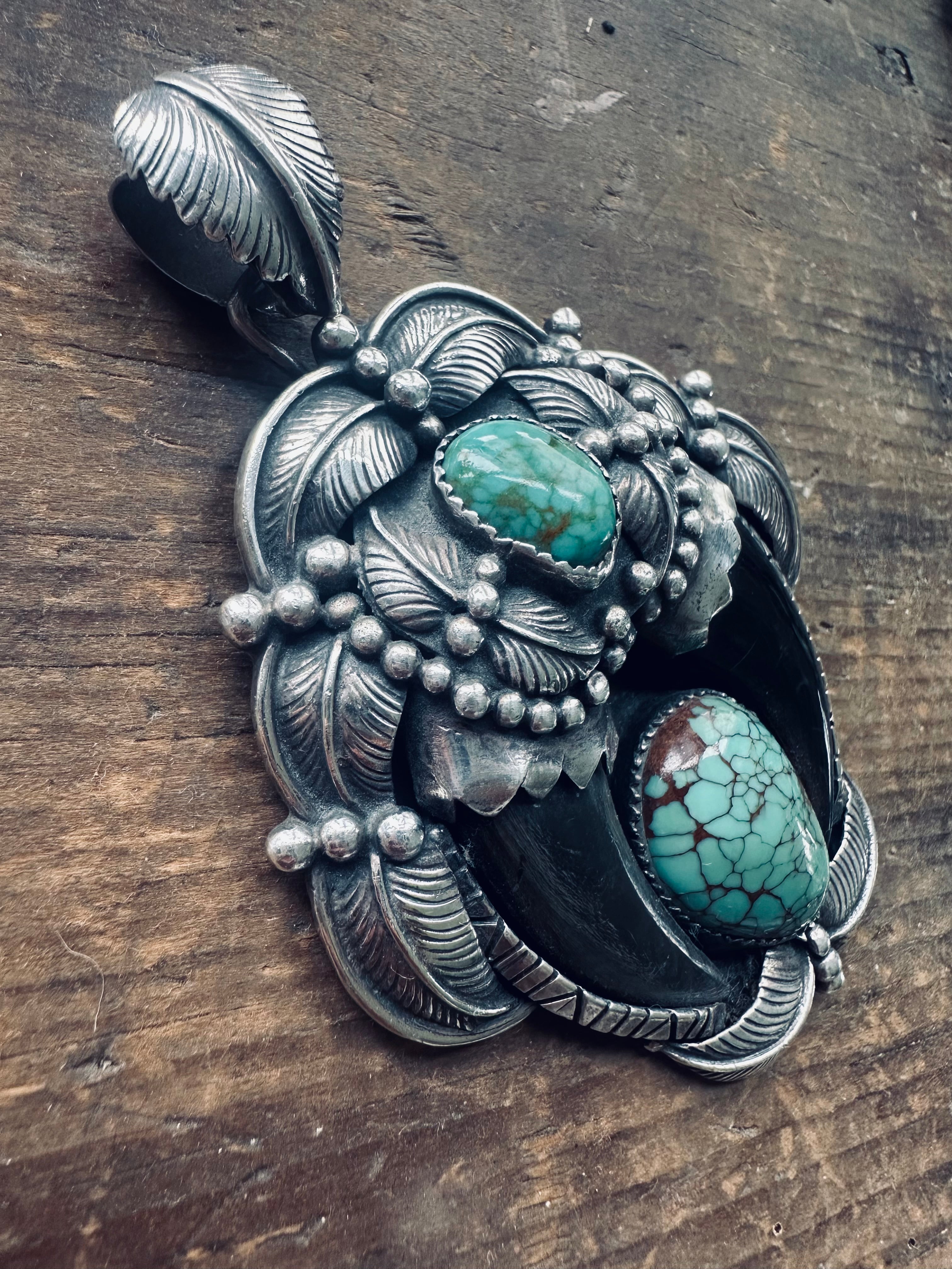 Huge Native American vintage double carved “claw” style pendant with turquoise and beautiful appliqué details in sterling silver