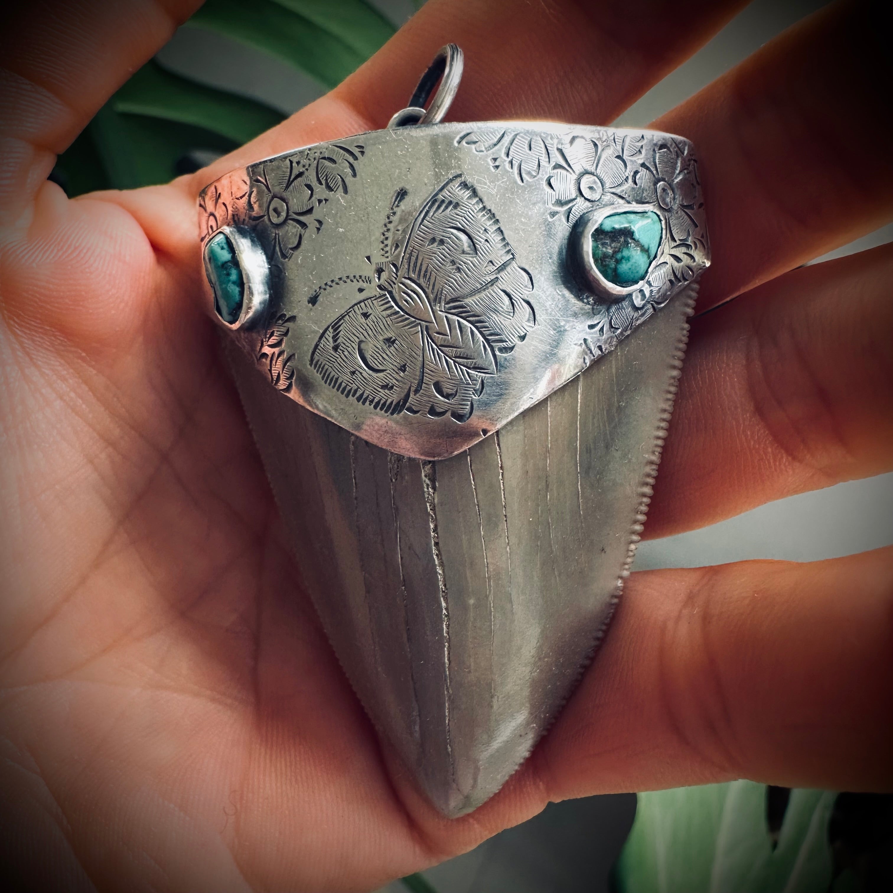 Fossilised shark tooth pendant in engraved hallmarked sterling silver