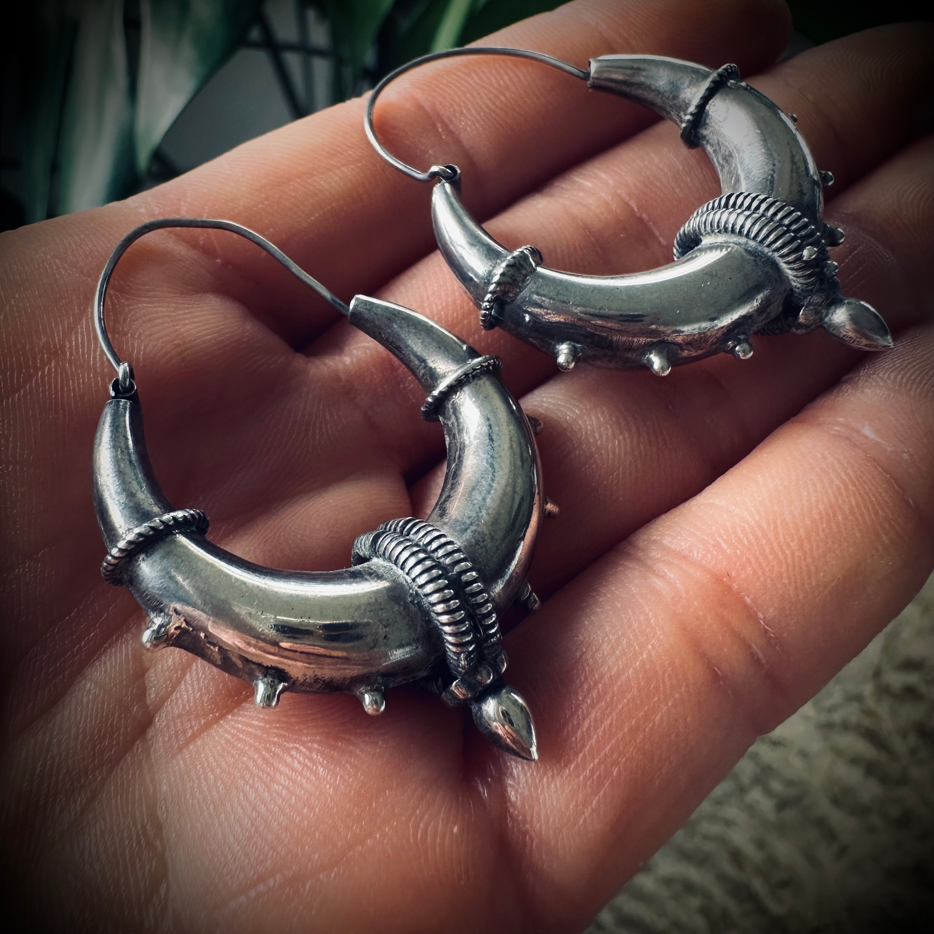 Vintage sterling silver spike hoops in large size