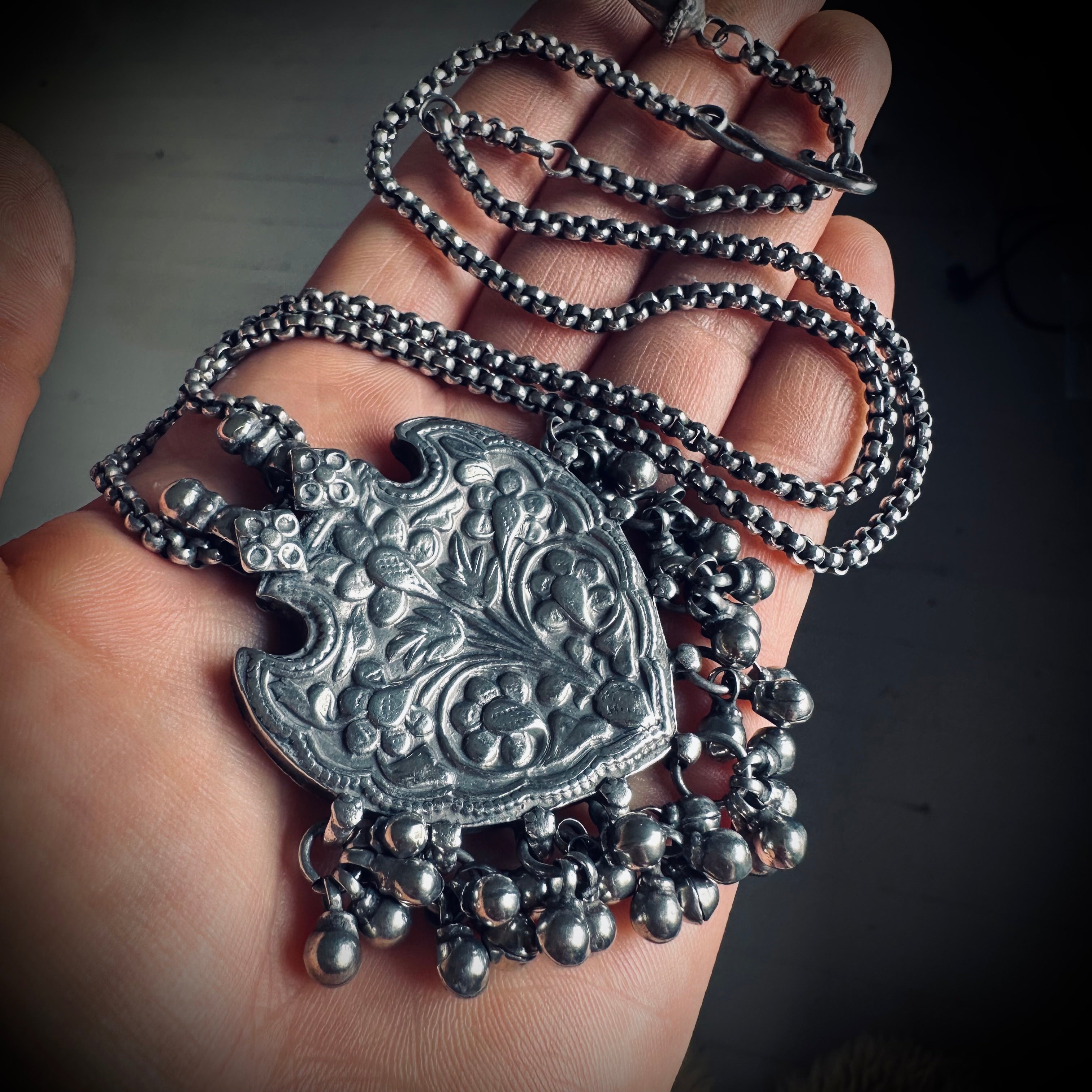 Vintage large silver patterned talisman pendant with bells on 22” adjustable chain