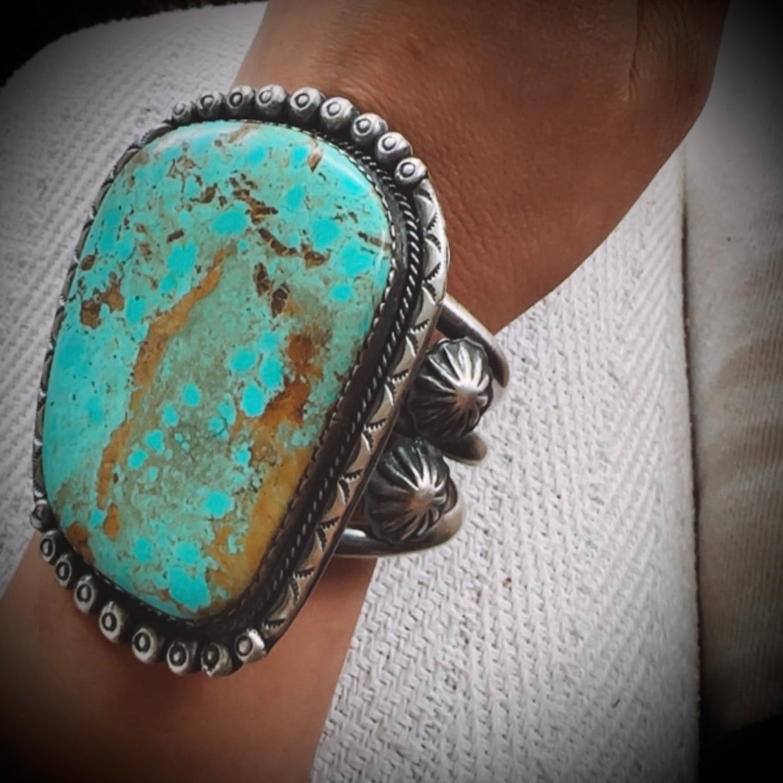 132g “Cuffzilla” vintage Native American cuff bracelet in heavy sterling silver with XL turquoise stone and stud details