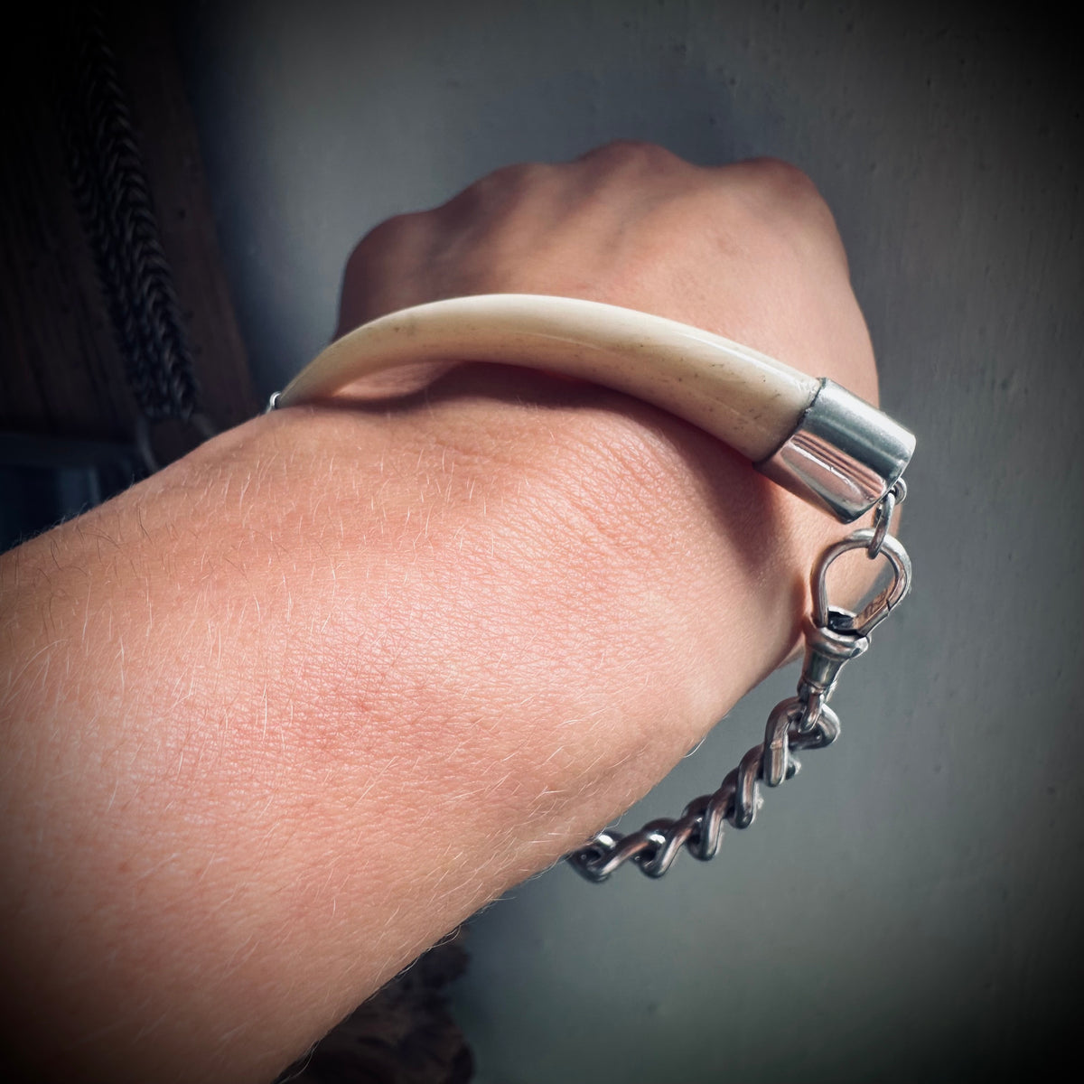 8.5” handmade sterling chain and bone “tusk” bracelet with Albert clip