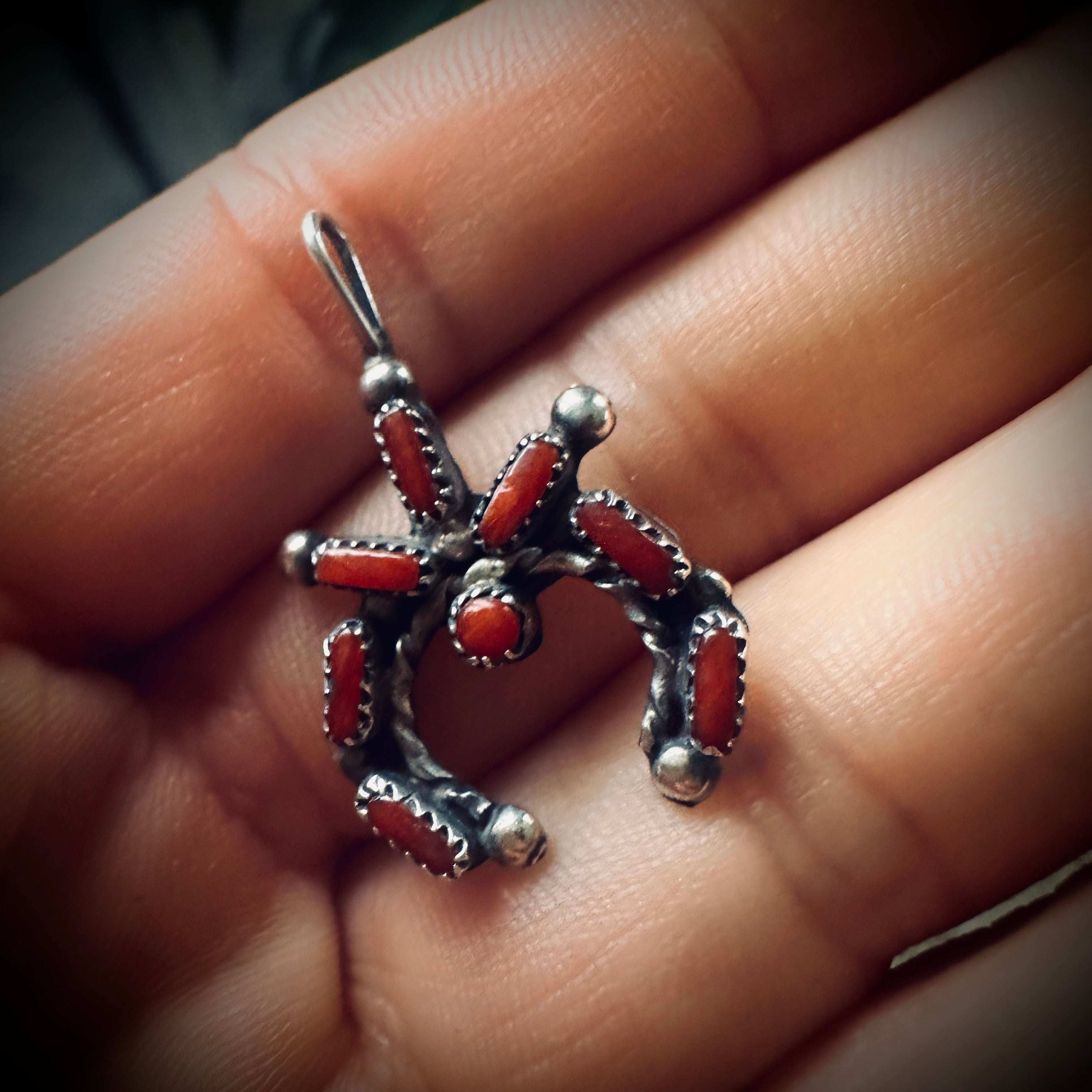 Mini Native American red coral naja pendant in sterling silver (teeth missing on a small part of the setting)