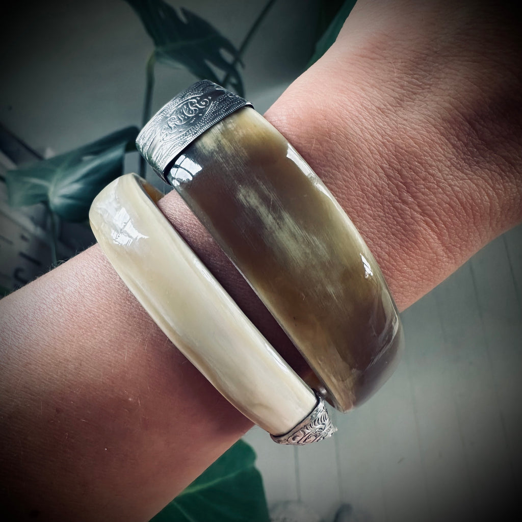 8” reworked butterscotch horn bangle in hallmarked engraved sterling silver