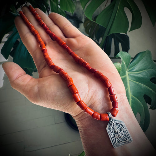 15” reworked red coral bead necklace with spiritual talisman in sterling silver