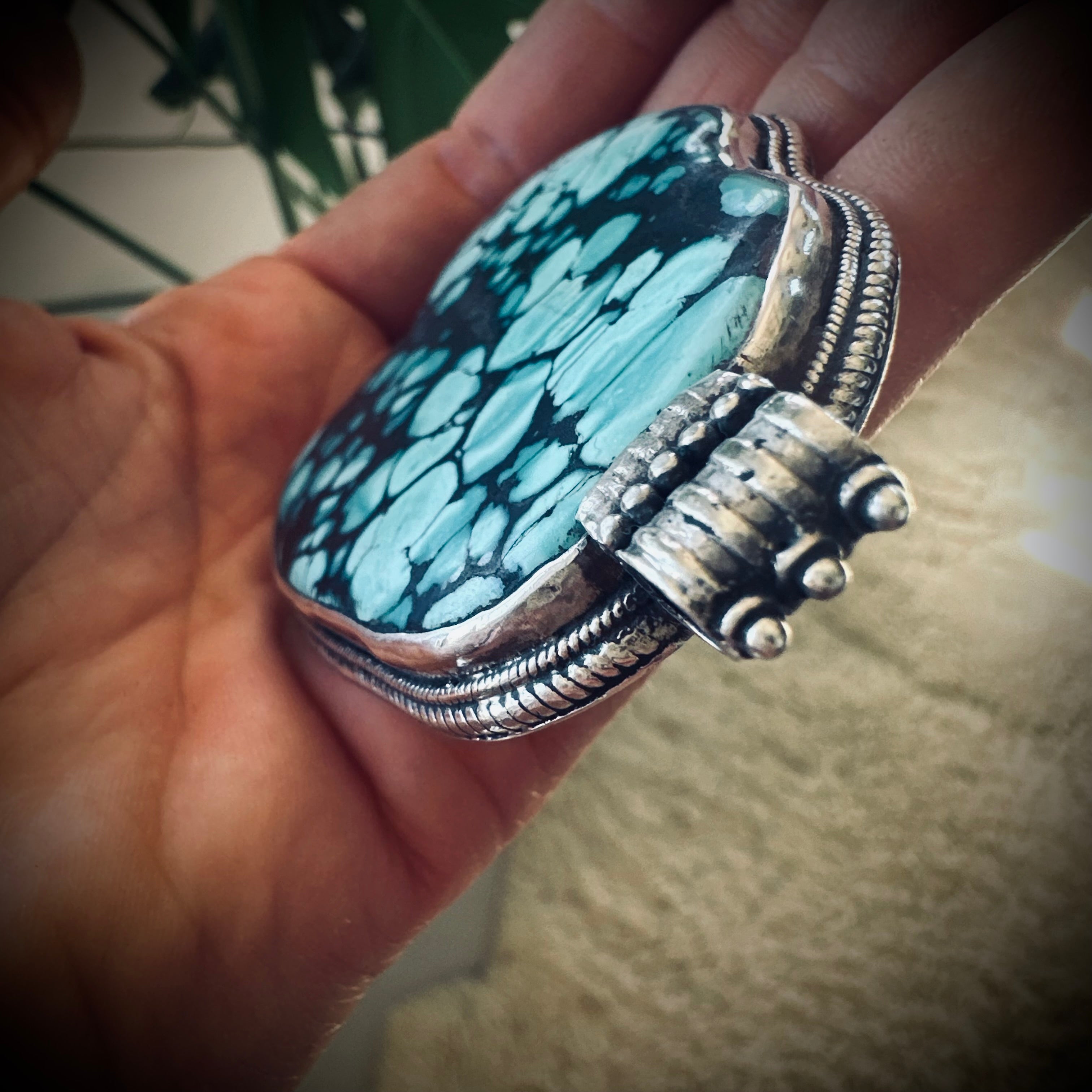 Vintage large turquoise slab pendant in silver contrasting brass engraved backing