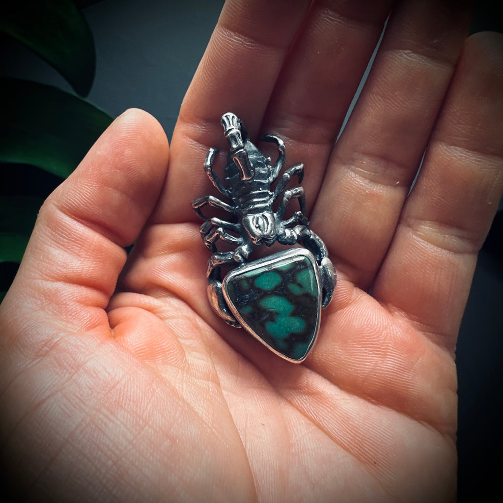 Hallmarked sterling silver and turquoise scorpion pendant