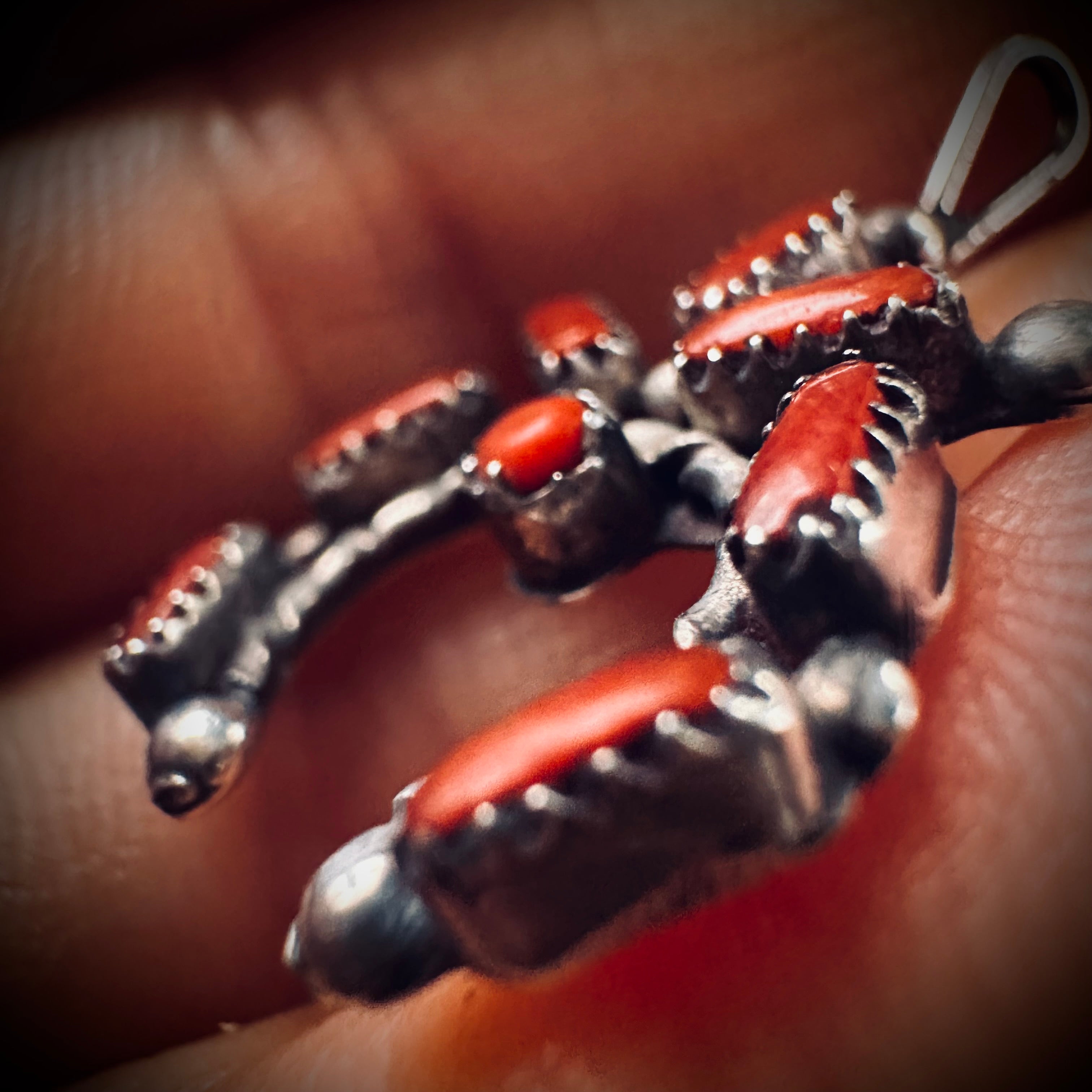 Mini Native American red coral naja pendant in sterling silver (teeth missing on a small part of the setting)