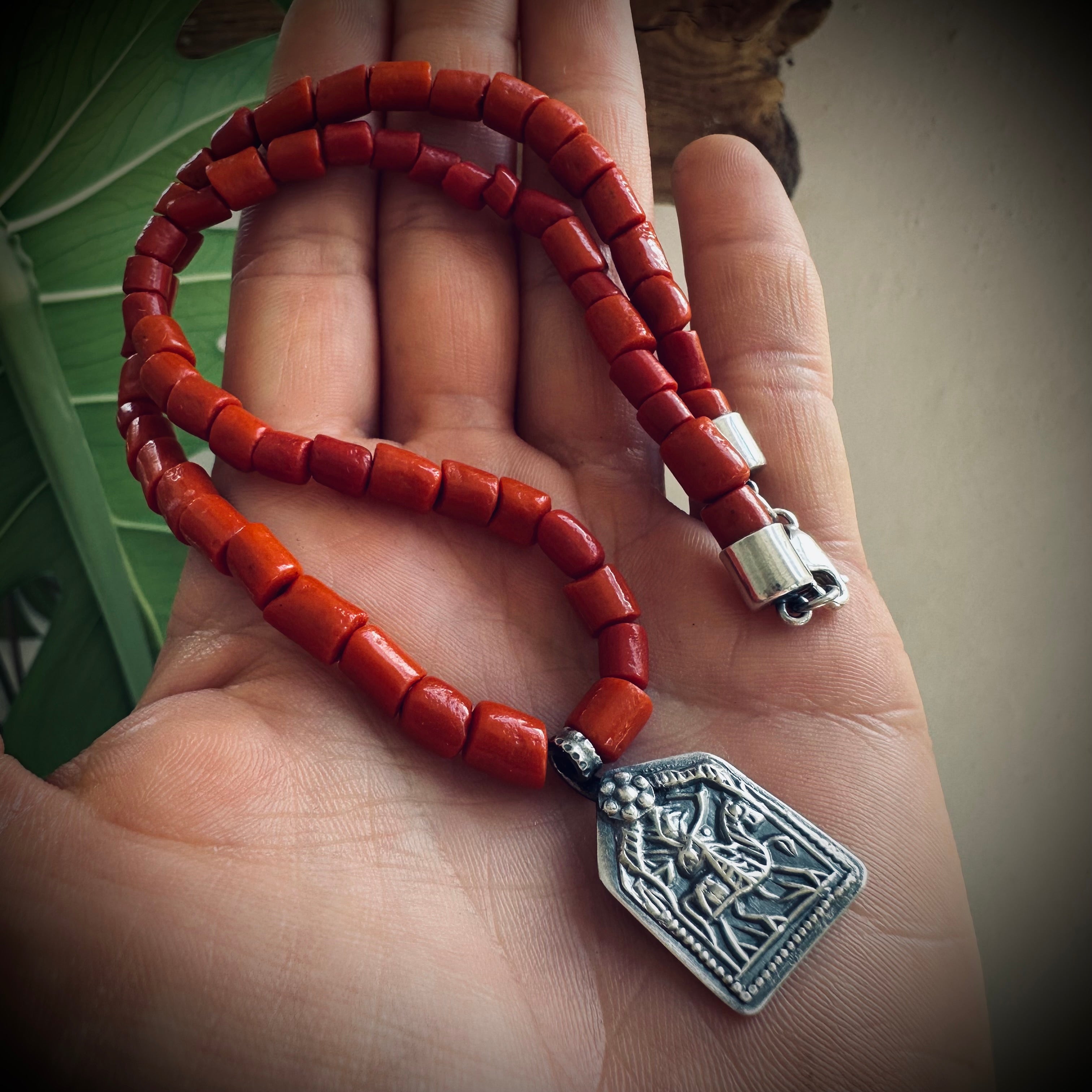 15” reworked red coral bead necklace with spiritual talisman in sterling silver