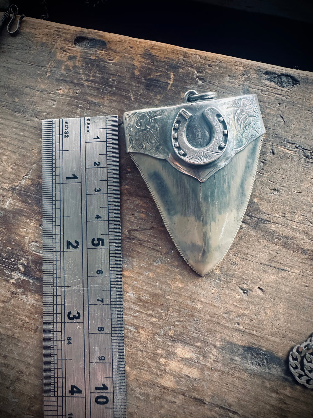 XL Fossilised shark tooth pendant in engraved hallmarked sterling silver