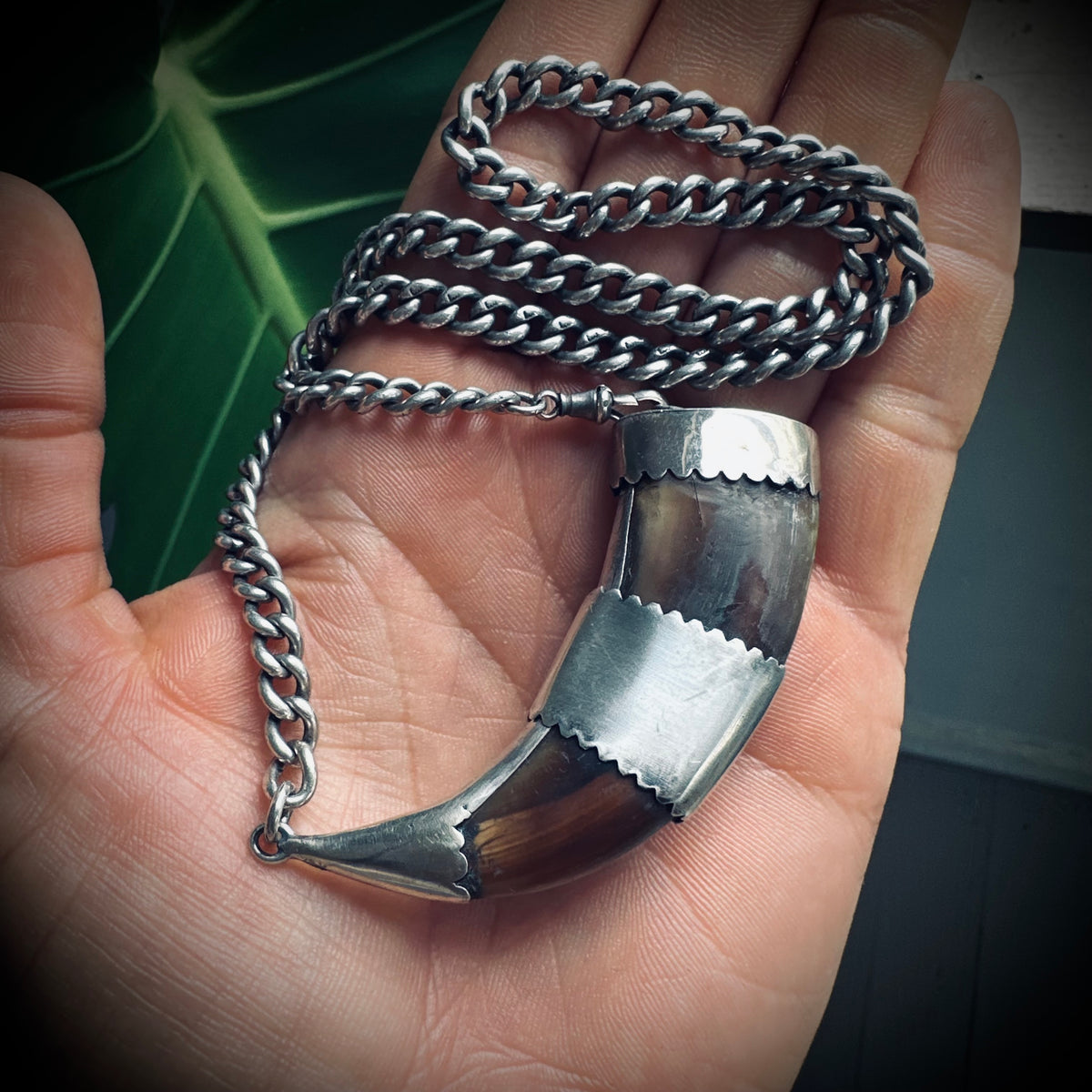 2.5” horn with turquoise on 14” antique sterling silver chain