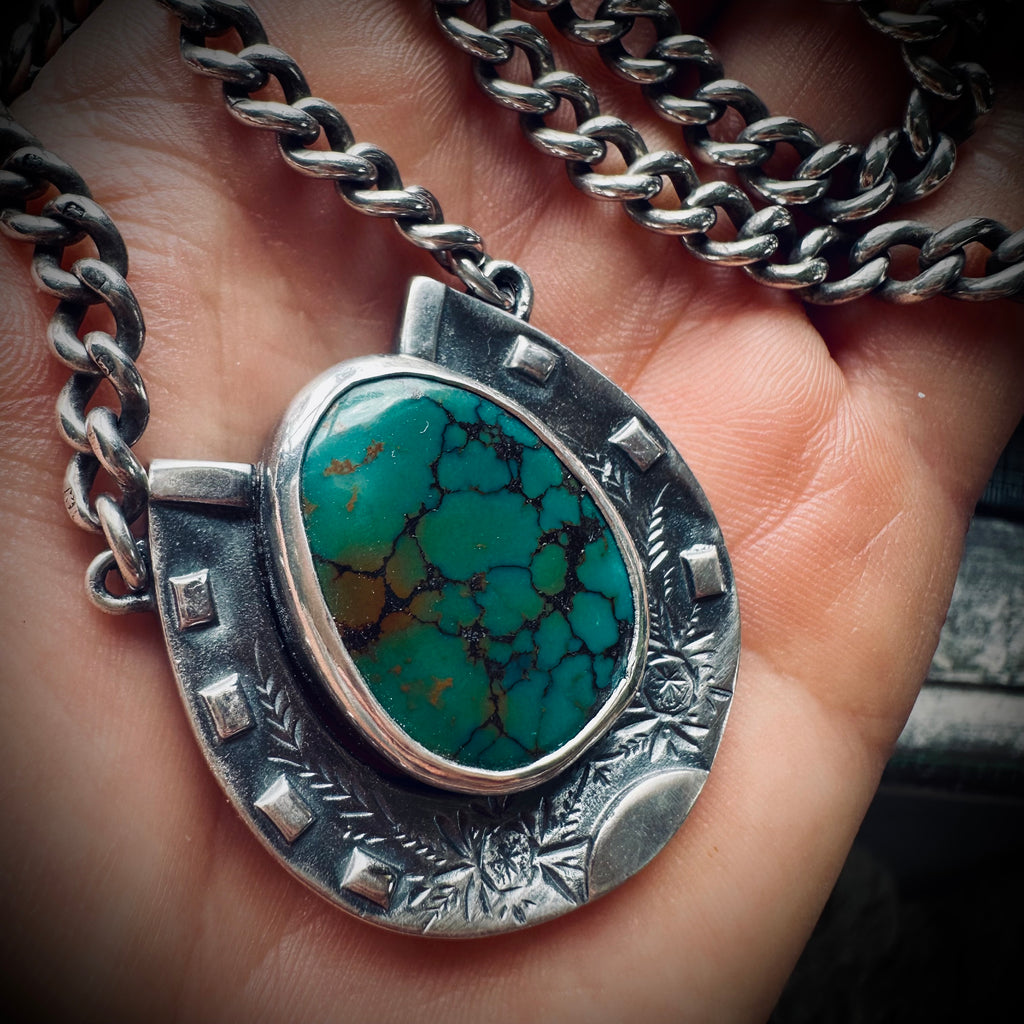 Sterling silver hallmarked lucky horseshoe necklace with turquoise and 24” antique heavy chain