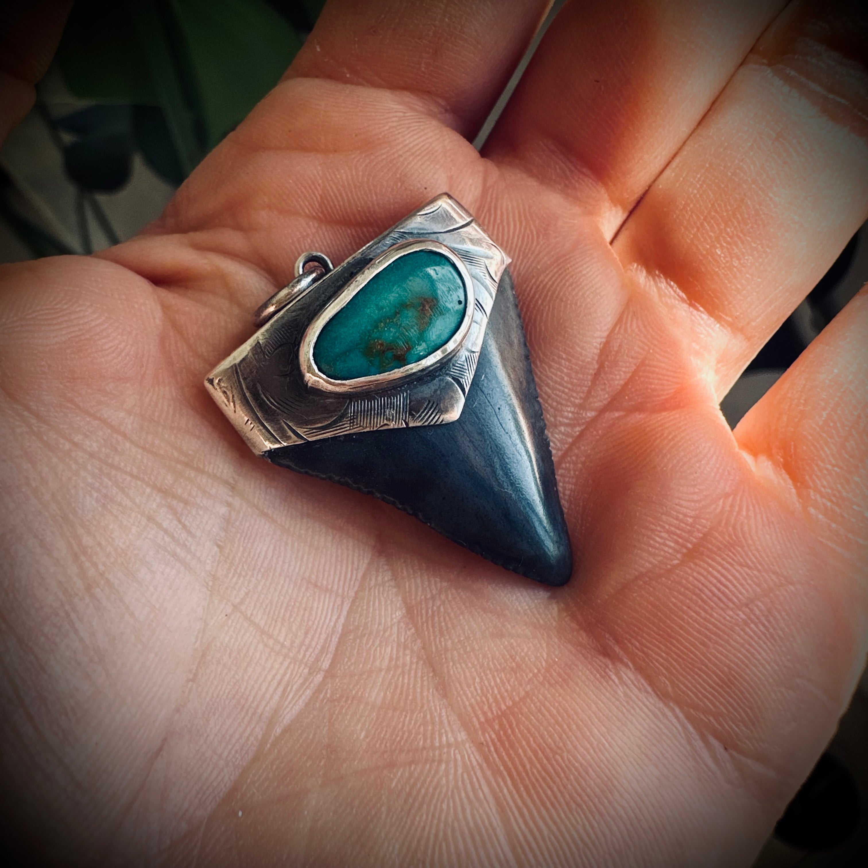 Sterling silver hallmarked fossil shark tooth pendant with turquoise