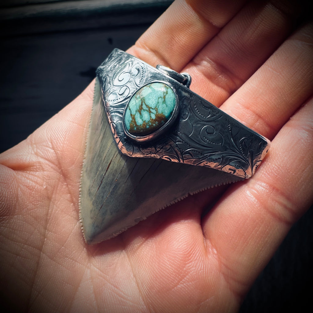 Sterling silver hallmarked fossil shark tooth pendant with turquoise