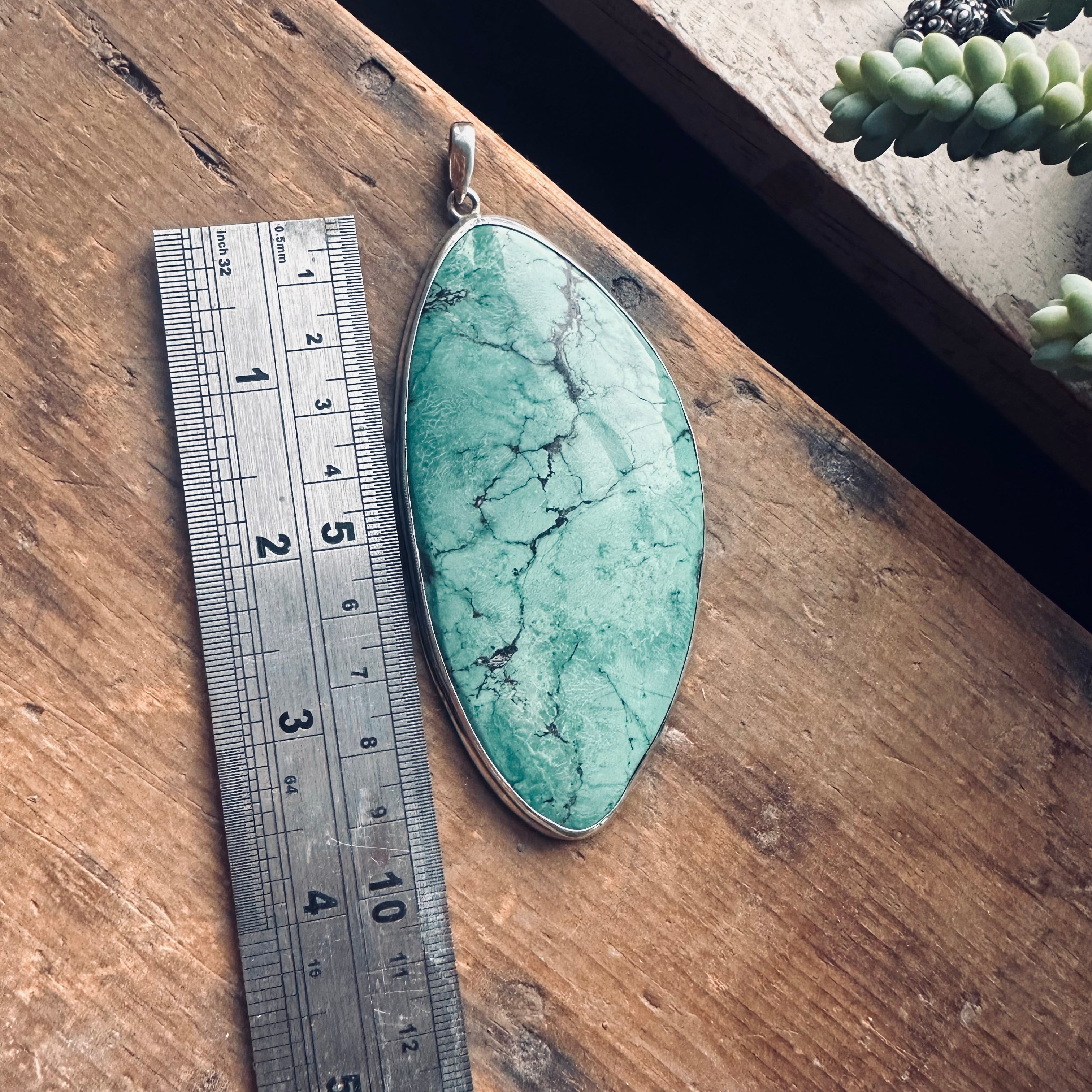 XL vintage freeform turquoise slab pendant in open backed sterling silver setting