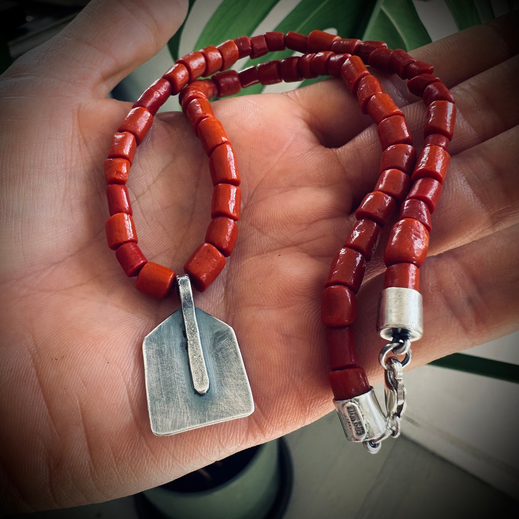 15” reworked red coral bead necklace with spiritual talisman in sterling silver