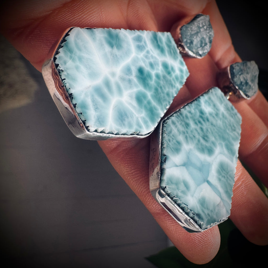 Vintage aquamarine and larimer statement earrings in sterling silver, 15g each