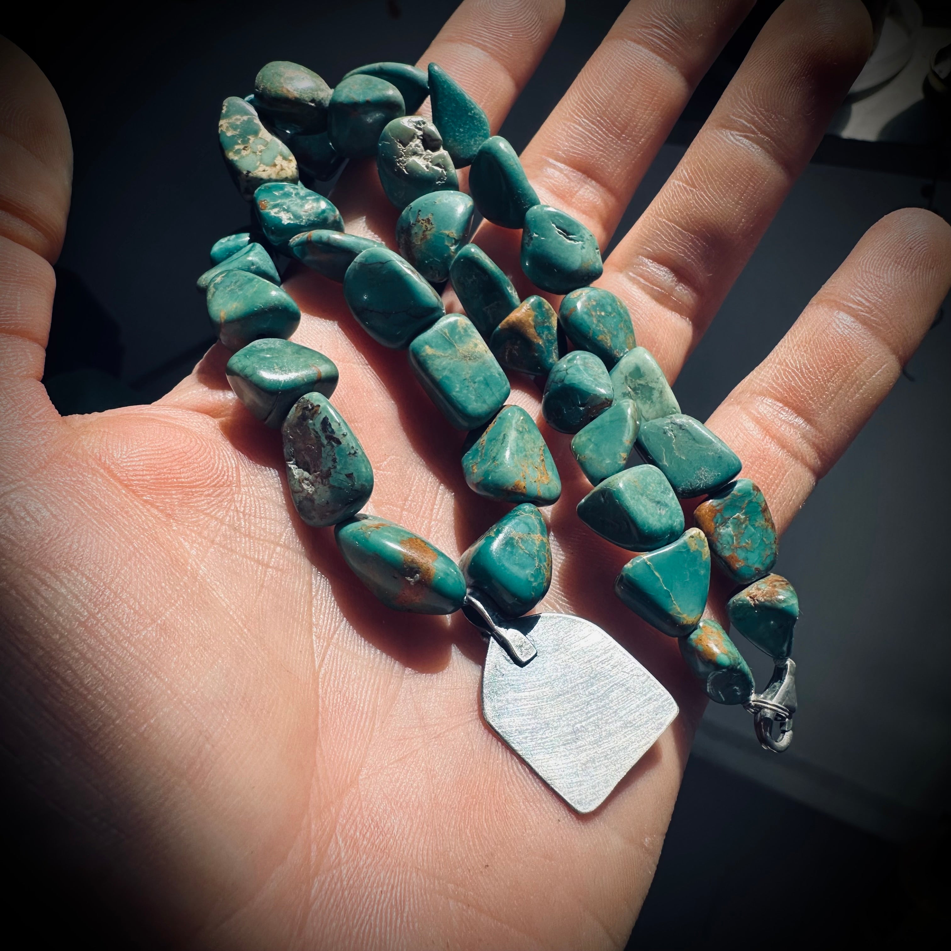15” reworked chunky turquoise bead necklace with spiritual talisman in sterling silver