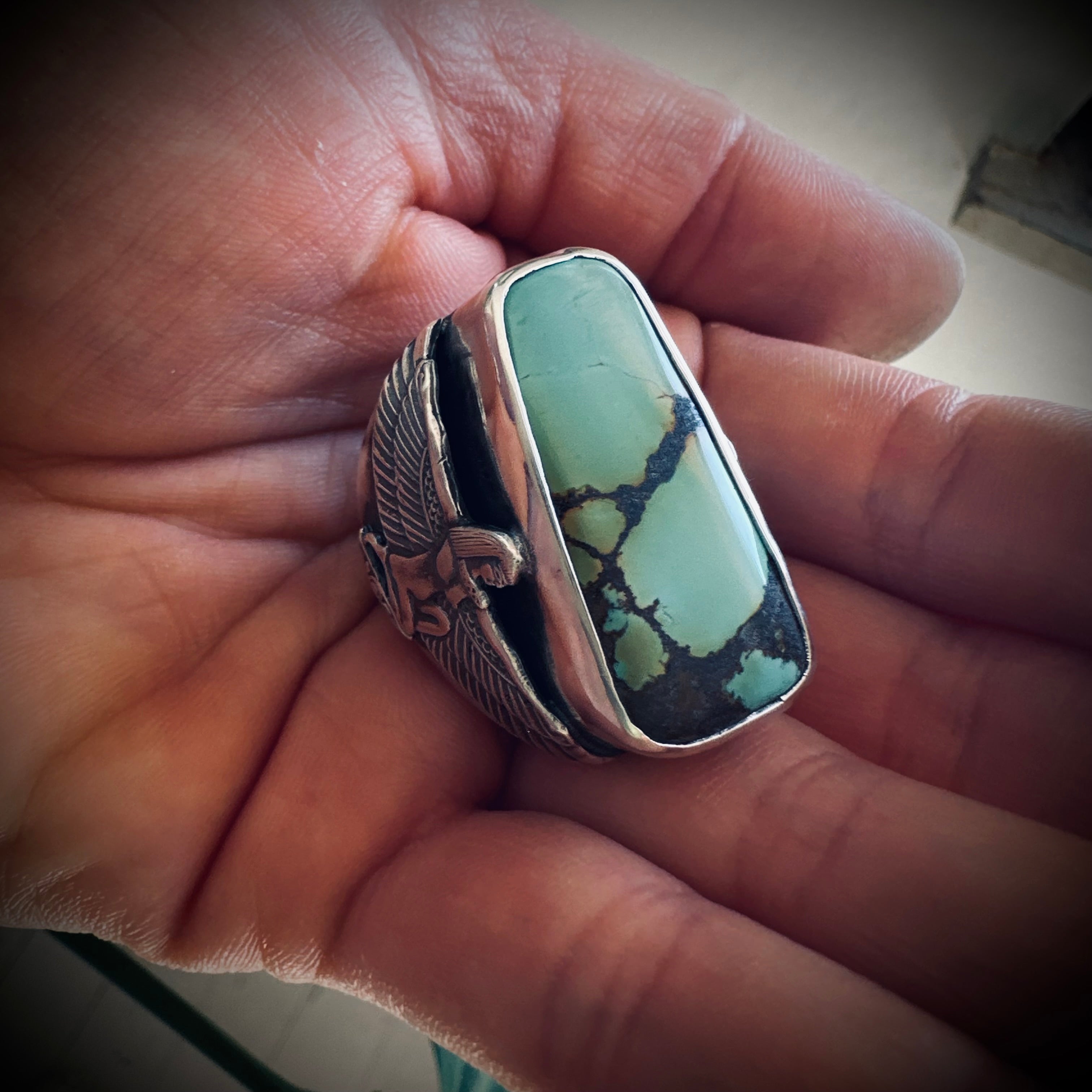 Size 9 (R 1/2) Sterling silver hallmarked turquoise winged Isis ring