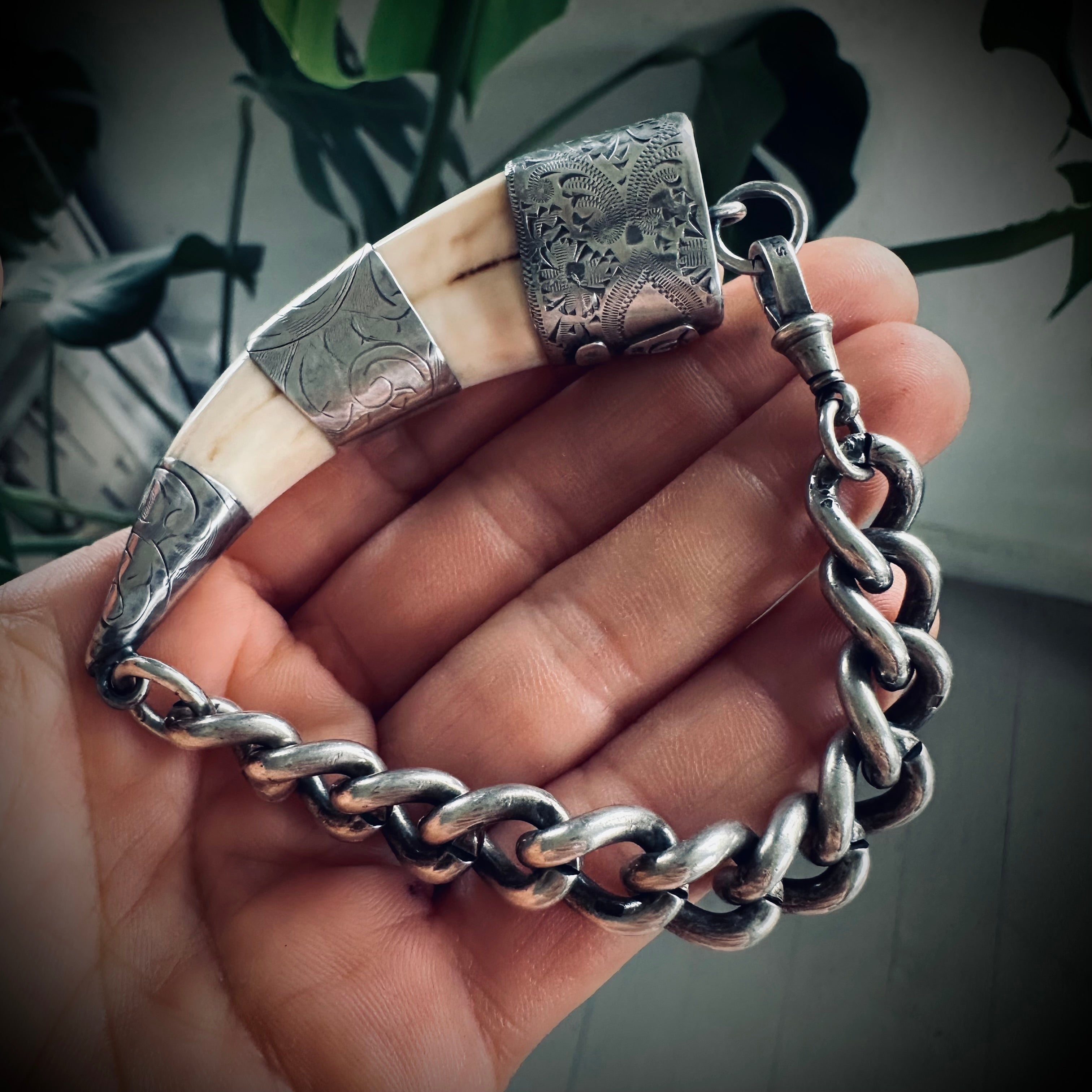 8”” reworked vintage tusk bracelet in hallmarked engraved sterling silver with turquoise