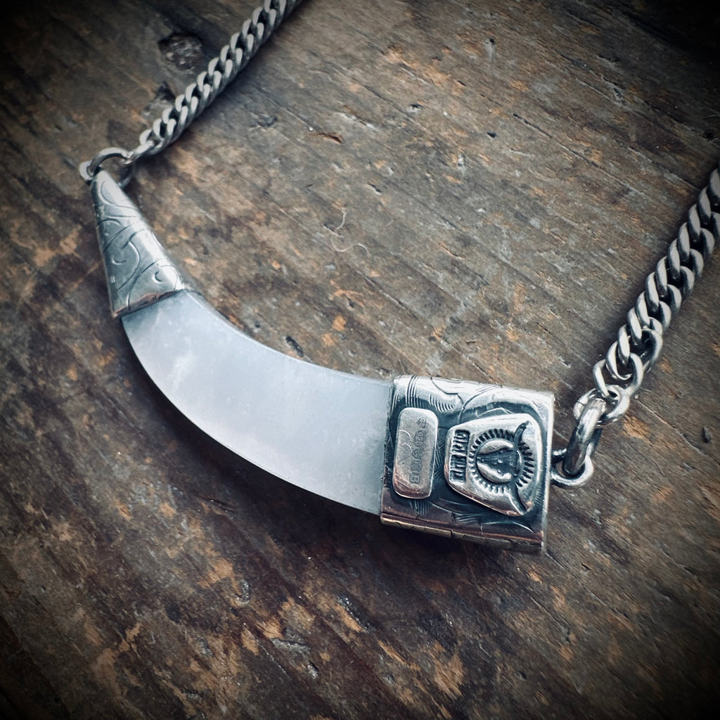 2” grey agate “tusk” on 20” antique guard chain in sterling silver