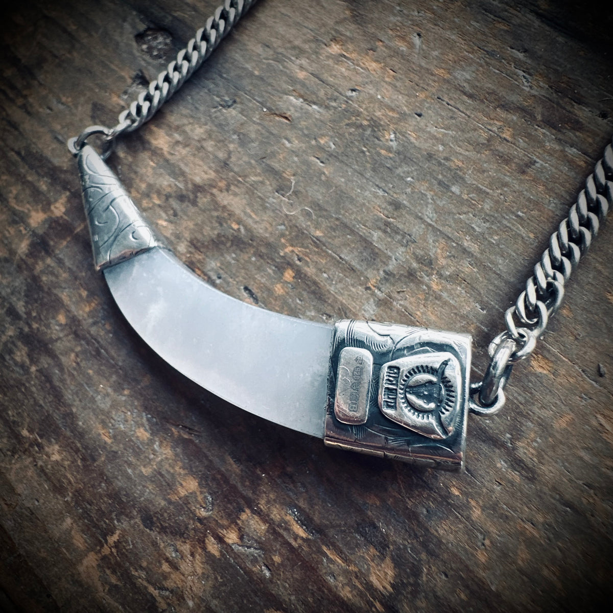 2” grey agate “tusk” on 20” antique guard chain in sterling silver