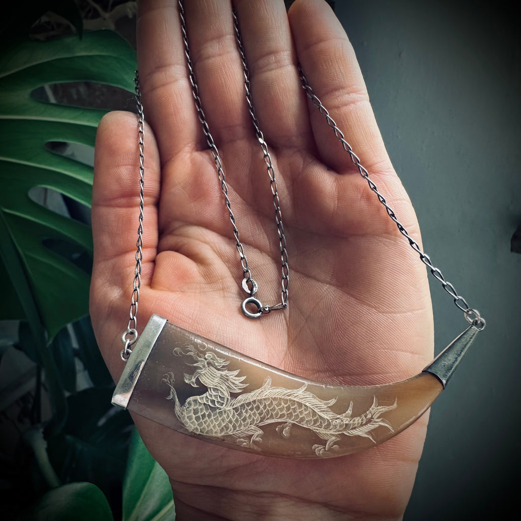 21” reworked vintage horn necklace sterling silver with gorgeous carved dragon