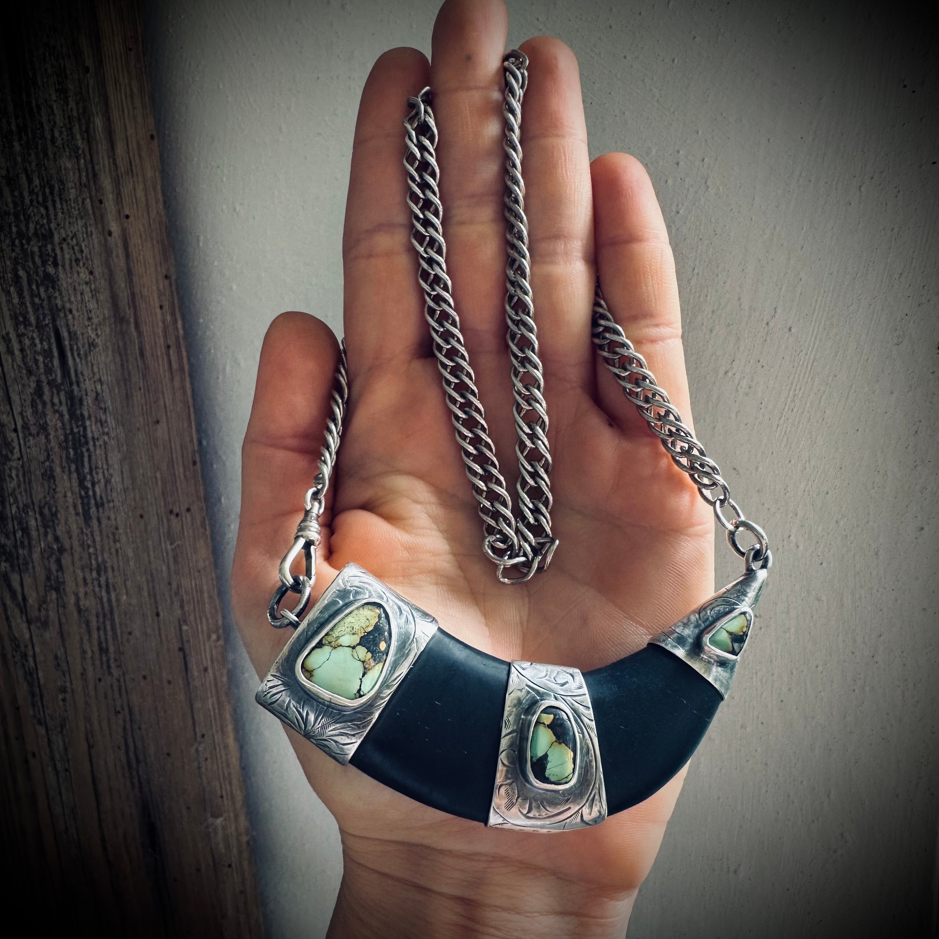 20” onyx tusk necklace in hallmarked sterling silver with turquoise and vintage chain