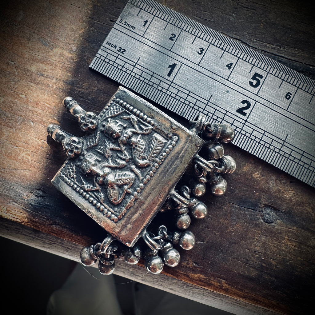 Large heavy vintage Indian spiritual talisman pendant in sterling silver
