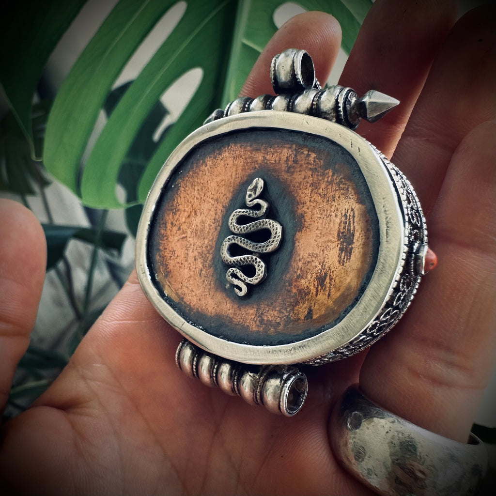 Large heavy vintage Tibetan gau prayer box pendant in sterling silver and copper with snake
