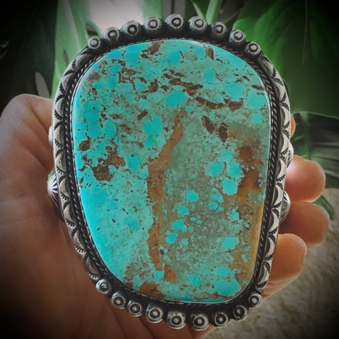 132g “Cuffzilla” vintage Native American cuff bracelet in heavy sterling silver with XL turquoise stone and stud details