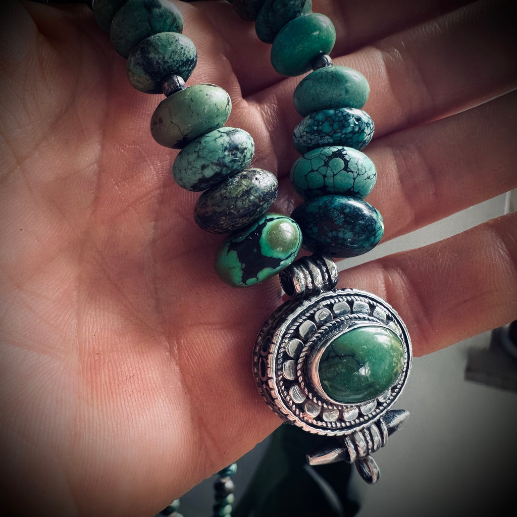 18” vintage chunky turquoise bead necklace with prayer box in sterling silver