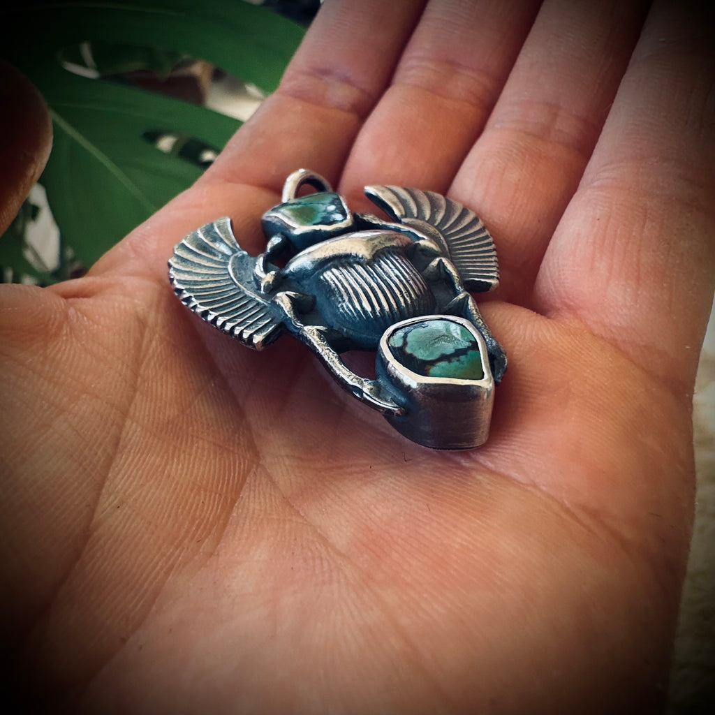Sterling silver hallmarked scarab pendant with turquoise