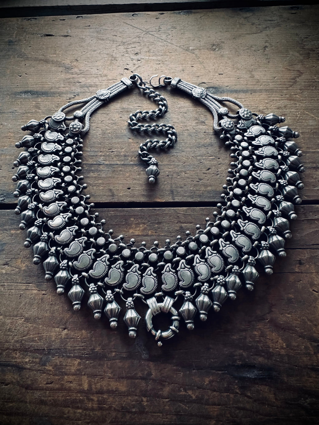 248g 16” + 6” extender big heavy Indian vintage bib necklace with chunky bolt ring in sterling silver