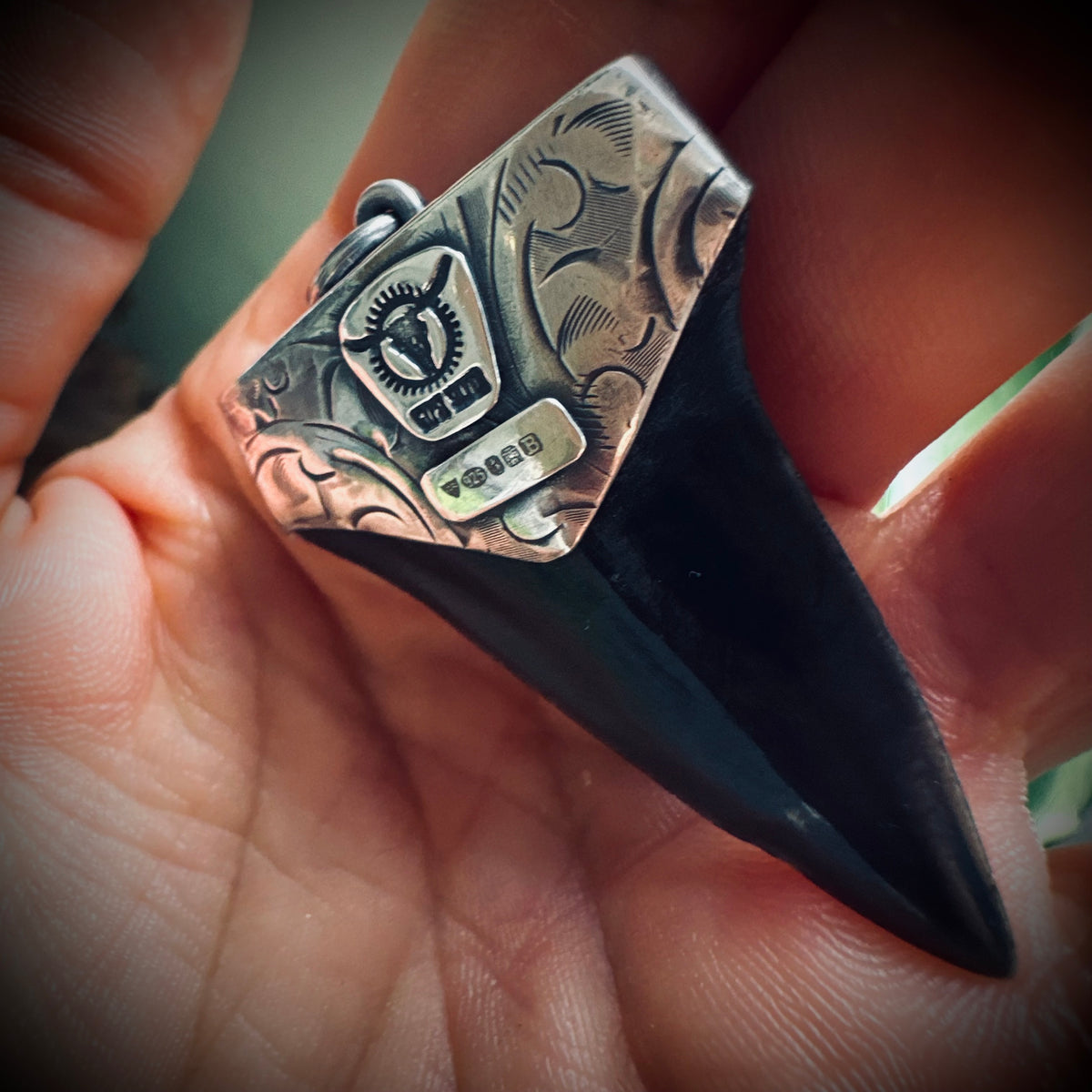 Sterling silver hallmarked fossilised shark tooth pendant with turquoise