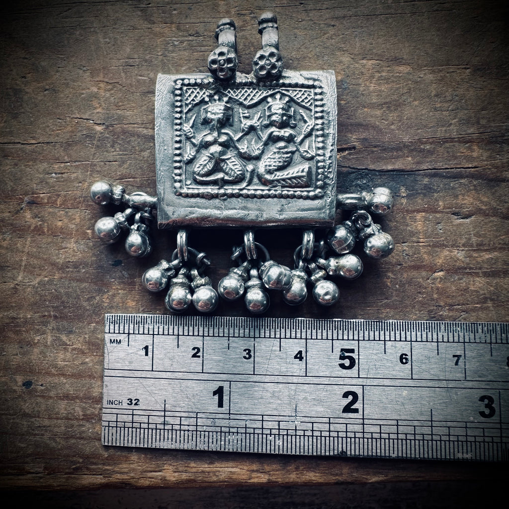 Vintage large silver deity talisman pendant with bells (heavy)