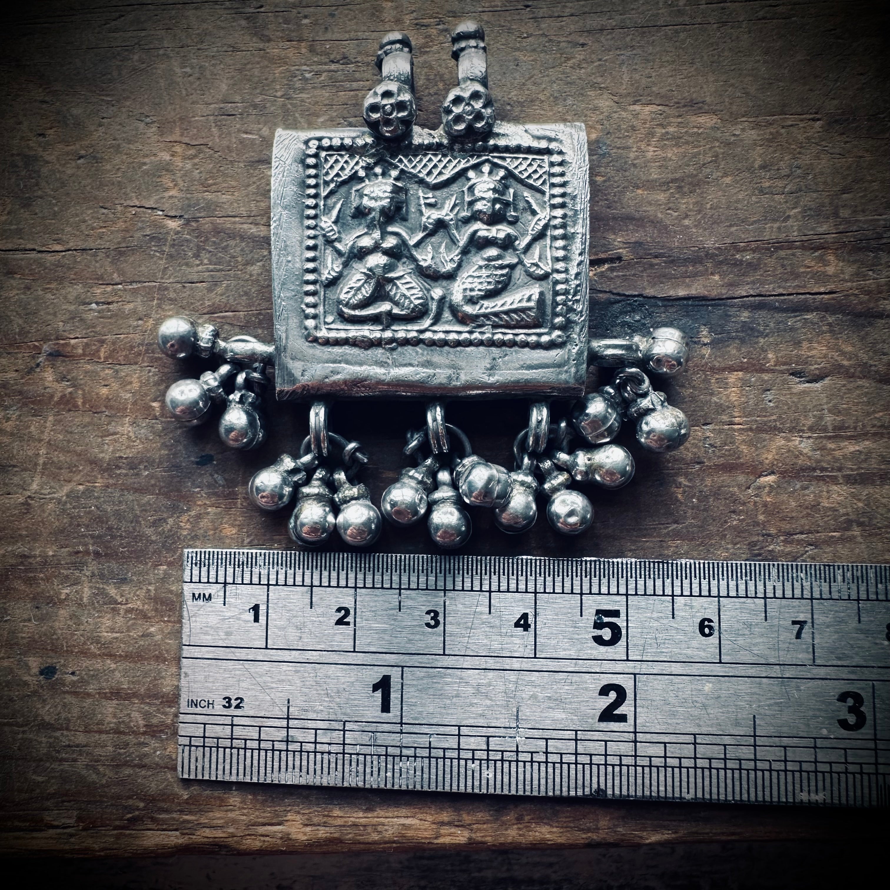 Vintage large silver deity talisman pendant with bells (heavy)