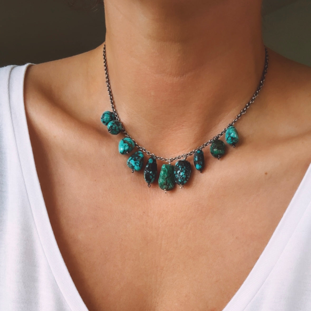 15” Vintage turquoise bead necklace with barrel clasp and sterling silver chain
