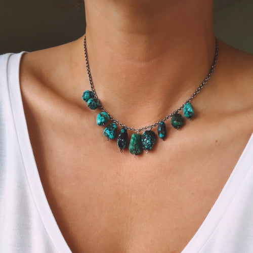 15” Vintage turquoise bead necklace with barrel clasp and sterling silver chain
