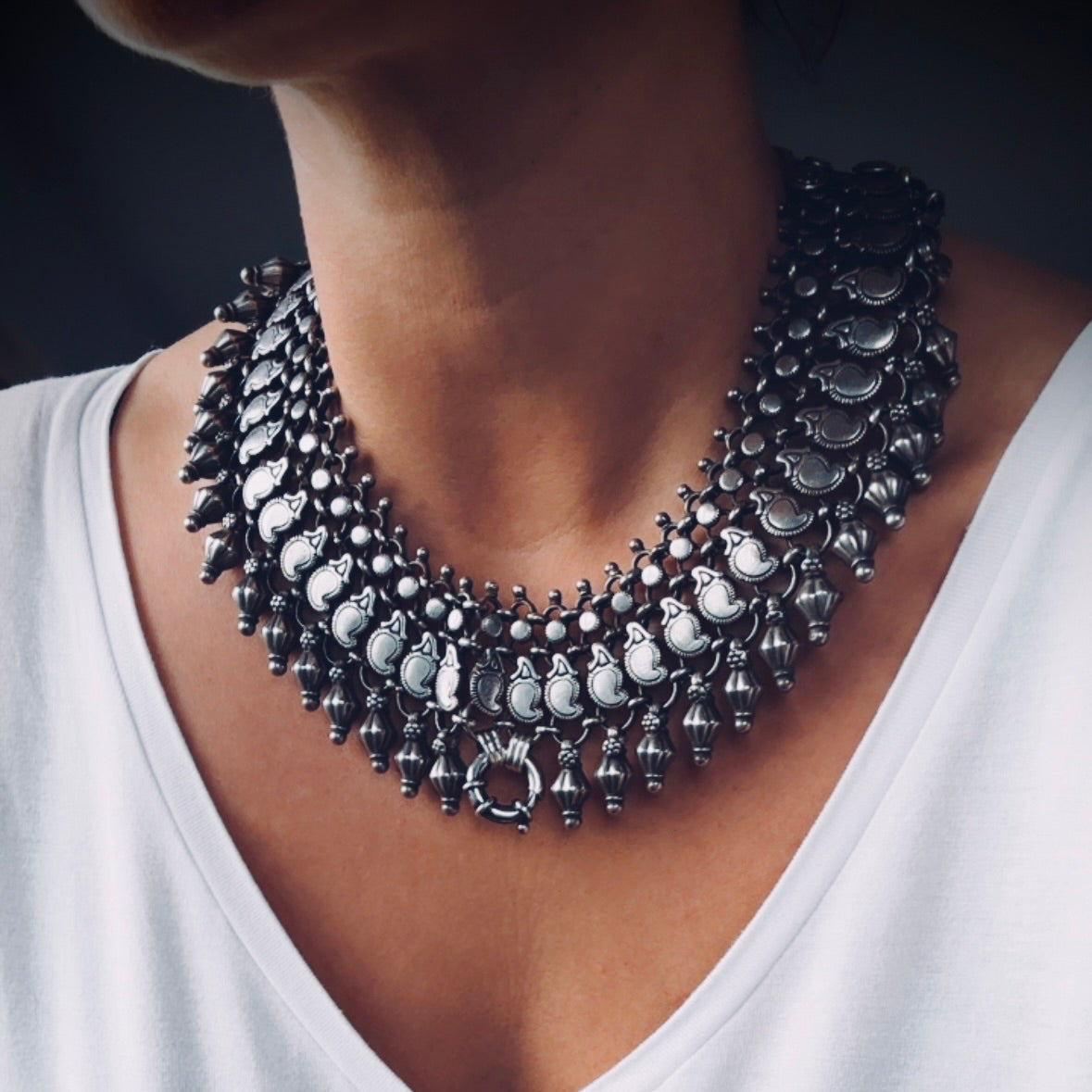 248g 16” + 6” extender big heavy Indian vintage bib necklace with chunky bolt ring in sterling silver