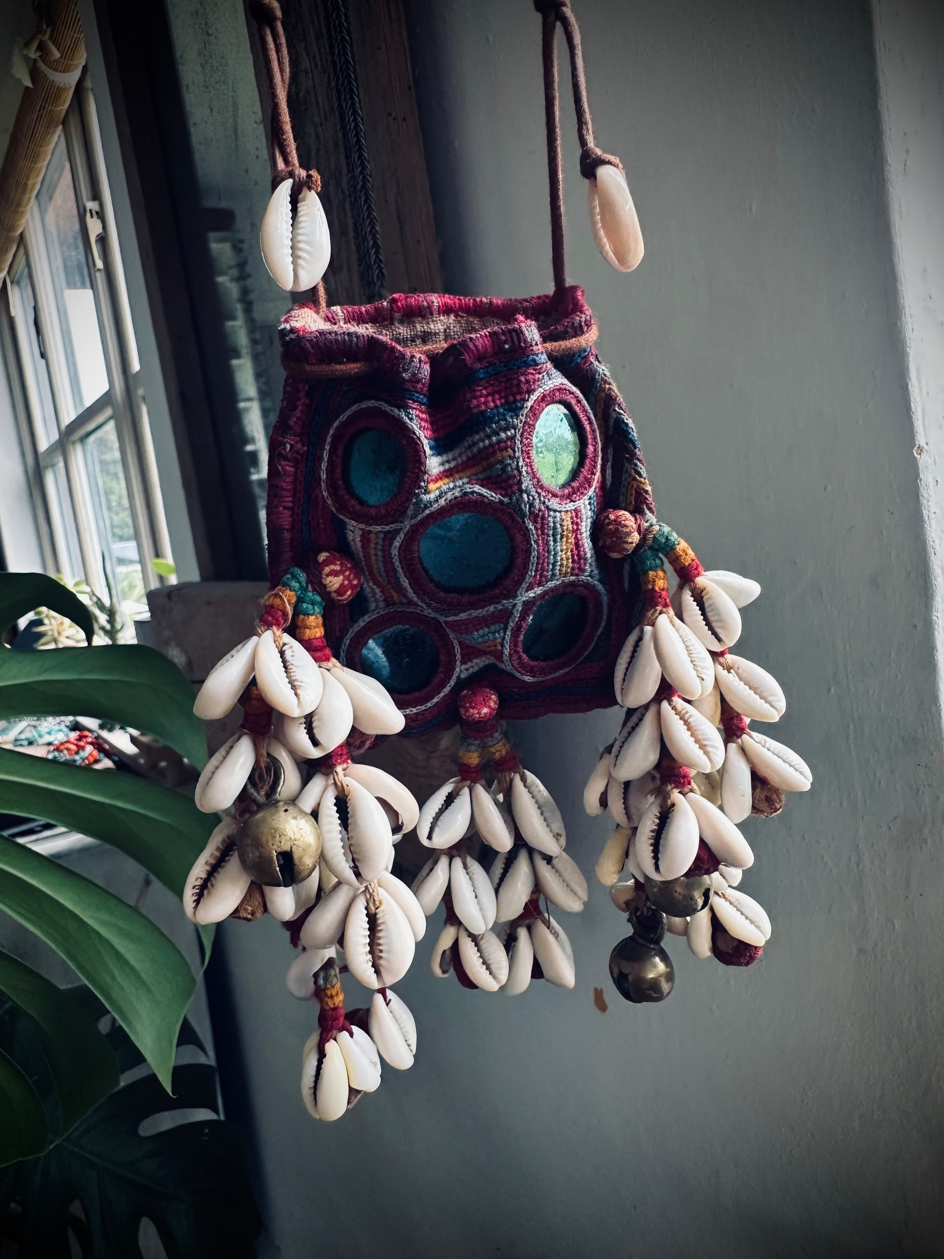 3”x3” Beautiful banjara mini pouch/purse on adjustable string with cowries