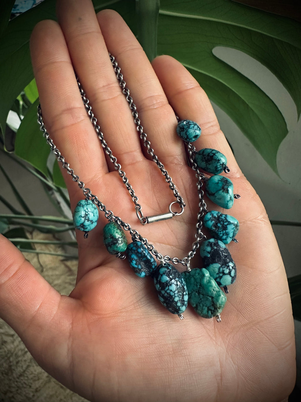 15” Vintage turquoise bead necklace with barrel clasp and sterling silver chain
