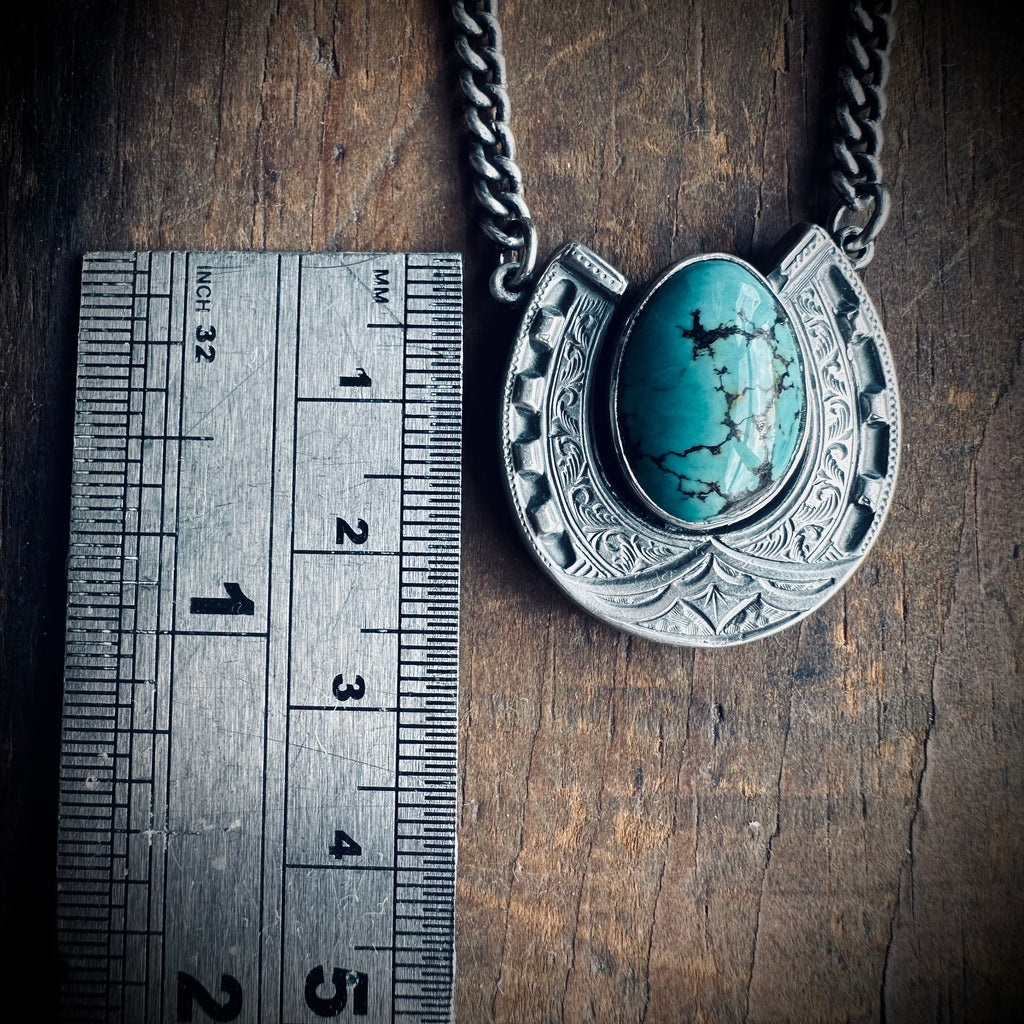 Sterling silver hallmarked lucky horseshoe necklace with turquoise and 20” chain