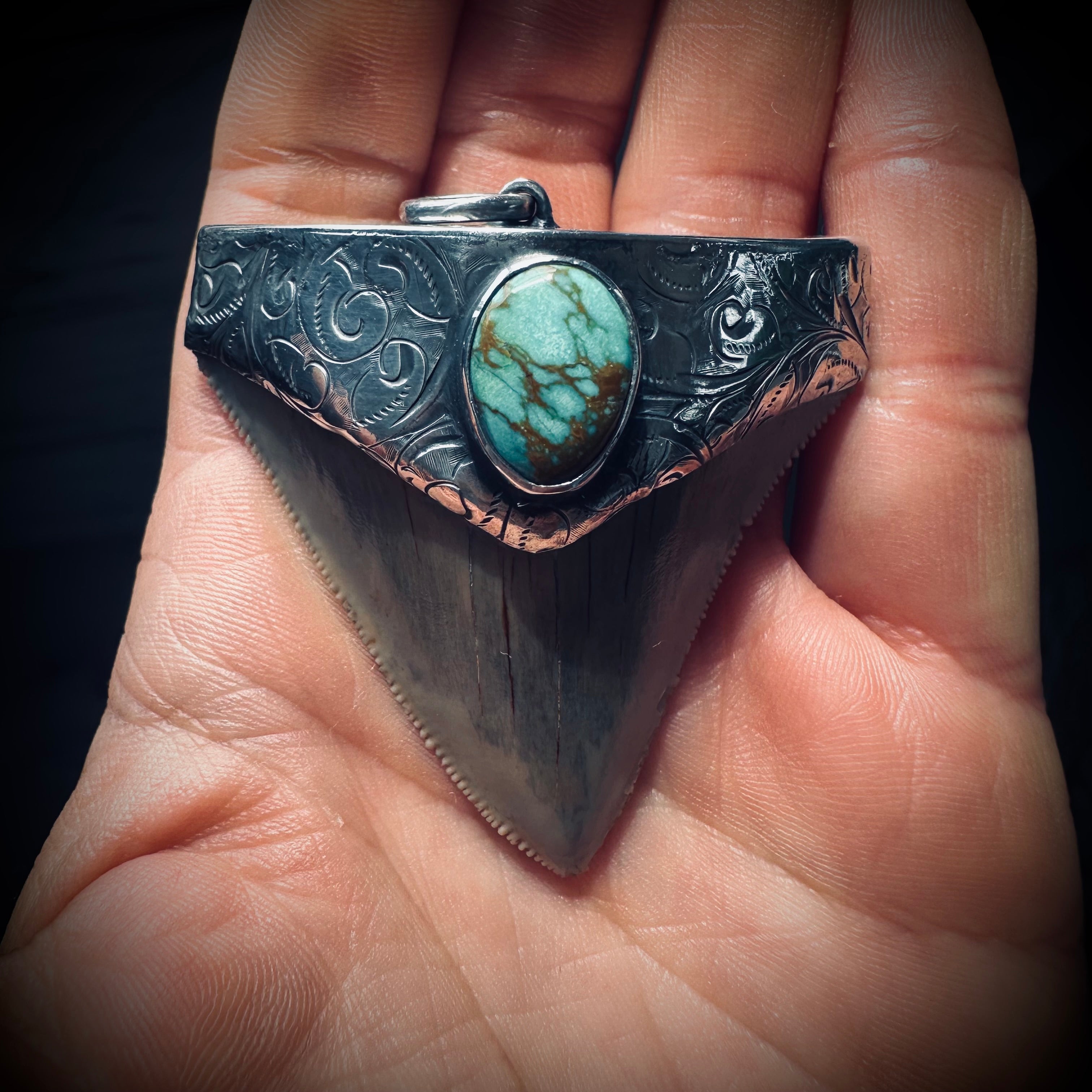 Sterling silver hallmarked fossil shark tooth pendant with turquoise